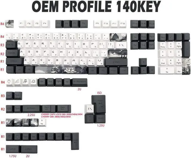 Alt view image 2 of 5 - MOLGRIA Ink Lotus Keycaps, 140 Set Custom Keycaps for Gaming Keyboard, PBT OEM Profile Dye Sublimation Keycaps ANSI/ISO Layout with Japanese Font for Gateron Kailh Cherry MX 104/87/74/61 60 Keyboard