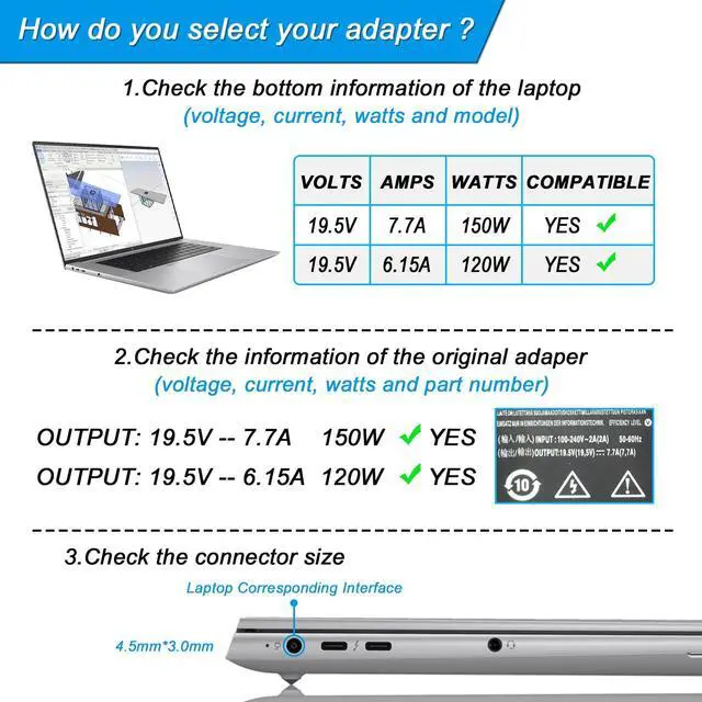Alt view image 3 of 5 - VHBW Replacement for HP 150W Charger 4.5mm Compatible with HP ZBook 15 15u G3 G4 G5 G6 OMEN 15 17 ADP-150XB B 740243-001 75626-003 917677-001 L48757-001 TPN-CA11 917649-850 PA-1151-08HF Power Cord