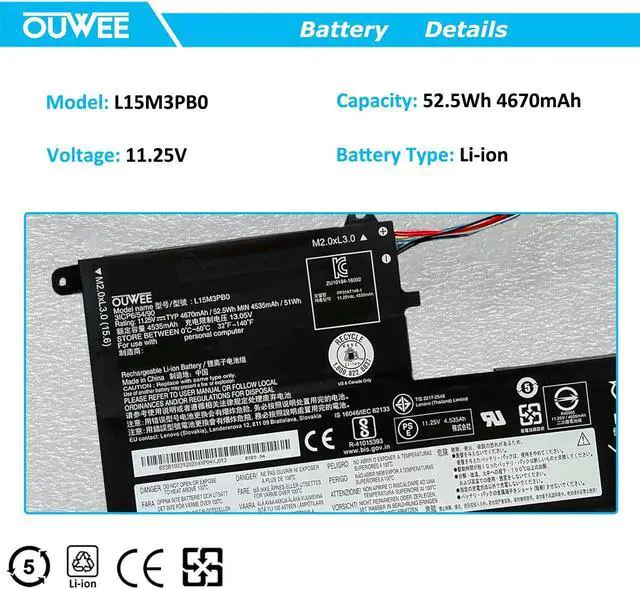 Alt view image 2 of 5 - OUWEE L15M3PB0 Laptop Battery Compatible with Lenovo IdeaPad 330S-14AST 330S-14IKB 330S-15ARR 330S-15AST 330S-15IKB Series 5B10Q39202 L15L3PB0 5B10Q39201 L15C3PB1 5B10Q39205 11.25V 52.5Wh(Shape-B)