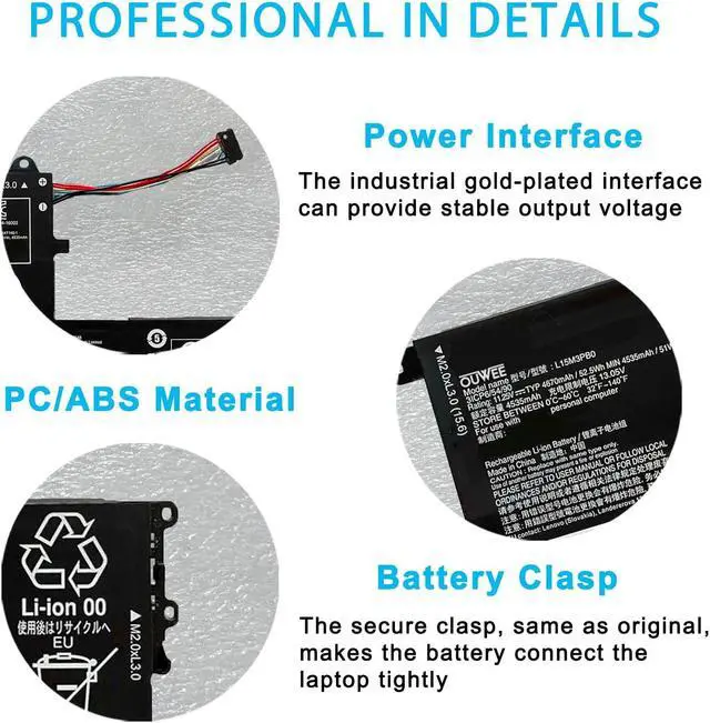 Alt view image 3 of 5 - OUWEE L15M3PB0 Laptop Battery Compatible with Lenovo IdeaPad 330S-14AST 330S-14IKB 330S-15ARR 330S-15AST 330S-15IKB Series 5B10Q39202 L15L3PB0 5B10Q39201 L15C3PB1 5B10Q39205 11.25V 52.5Wh(Shape-B)