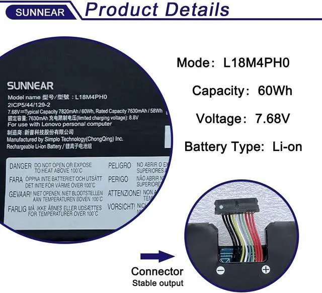 Alt view image 2 of 5 - SUNNEAR L18M4PH0 7.68V 60Wh Laptop Battery Replacement for Lenovo Ideapad Yoga C940-14IIL Series Notebook 5B10T11585 5B10W67374 L18C4PH0 5B10T11586 5B10W67180