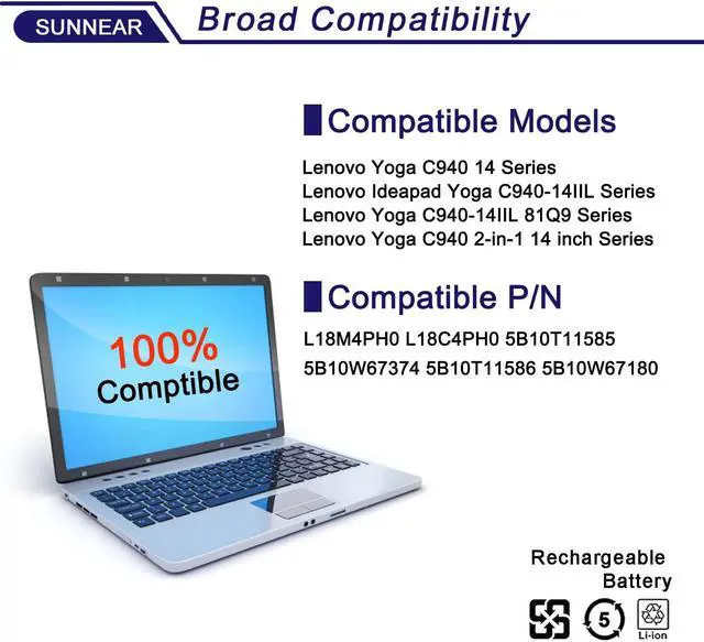 Alt view image 5 of 5 - SUNNEAR L18M4PH0 7.68V 60Wh Laptop Battery Replacement for Lenovo Ideapad Yoga C940-14IIL Series Notebook 5B10T11585 5B10W67374 L18C4PH0 5B10T11586 5B10W67180