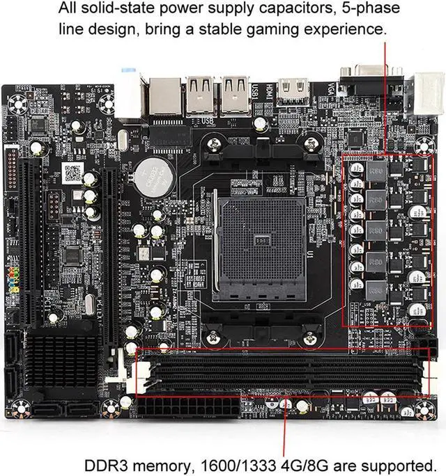 Alt view image 3 of 5 - Motherboard, Desktop Motherboard for AMD A10/A8/A6/A4/Athlon Full Range of Graphics Chip for APU Graphics, Dual DDR3 1333/1600MHz, for Computer