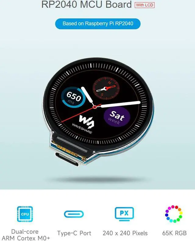 Alt view image 2 of 5 - waveshare Based on Raspberry Pi RP2040,RP2040 MCU Board with 1.28inch Round LCD 240x240 Pixels 65K Colorful IPS LCD Display,Accelerometer and Gyroscope Sensor, USB Type C Port