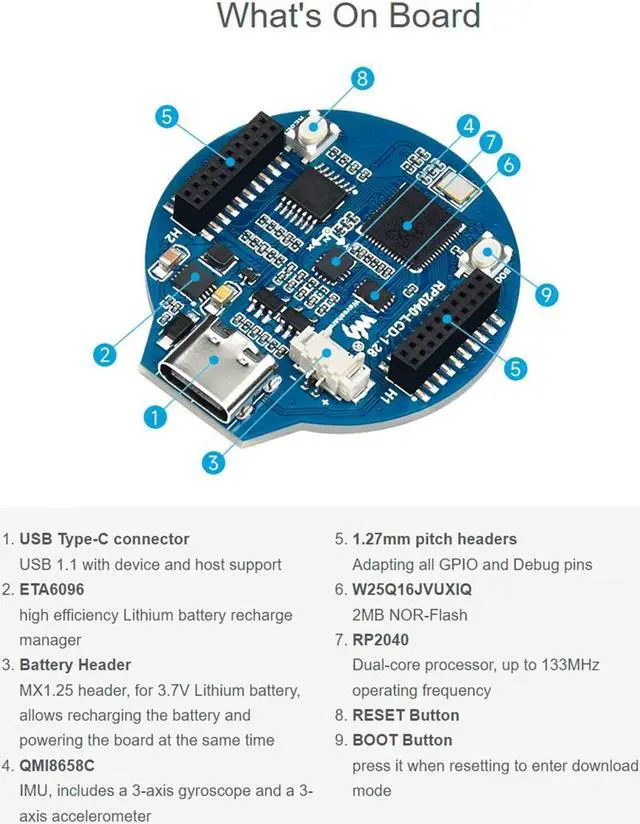 Alt view image 4 of 5 - waveshare Based on Raspberry Pi RP2040,RP2040 MCU Board with 1.28inch Round LCD 240x240 Pixels 65K Colorful IPS LCD Display,Accelerometer and Gyroscope Sensor, USB Type C Port