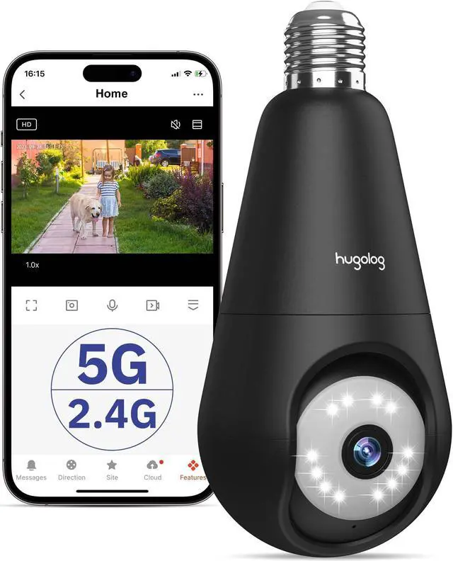 Main image of Hugolog 2K 3MP Light Bulb Security Camera 5G& 2.4GHz WiFi, 360deg Wireless Outdoor Indoor Camera for Home, Motion Detection, Two-Way Talk, Color Night Vision, Siren Alarm, Compatible with Alexa