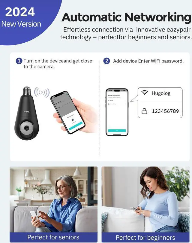 Alt view image 5 of 5 - Hugolog 2K 3MP Light Bulb Security Camera 5G& 2.4GHz WiFi, 360deg Wireless Outdoor Indoor Camera for Home, Motion Detection, Two-Way Talk, Color Night Vision, Siren Alarm, Compatible with Alexa