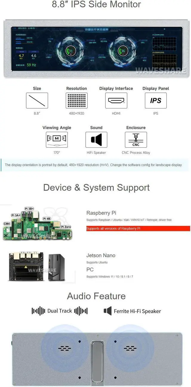 Alt view image 3 of 5 - waveshare 8.8inch HDMI Small Monitor,480×1920,Compatible with Raspberry Pi/Jetson Nano/PC,Horizontal and Vertical Screen Display,AIDA64 PC CPU GPU RAM Monitor Data Display,with HiFi Speaker