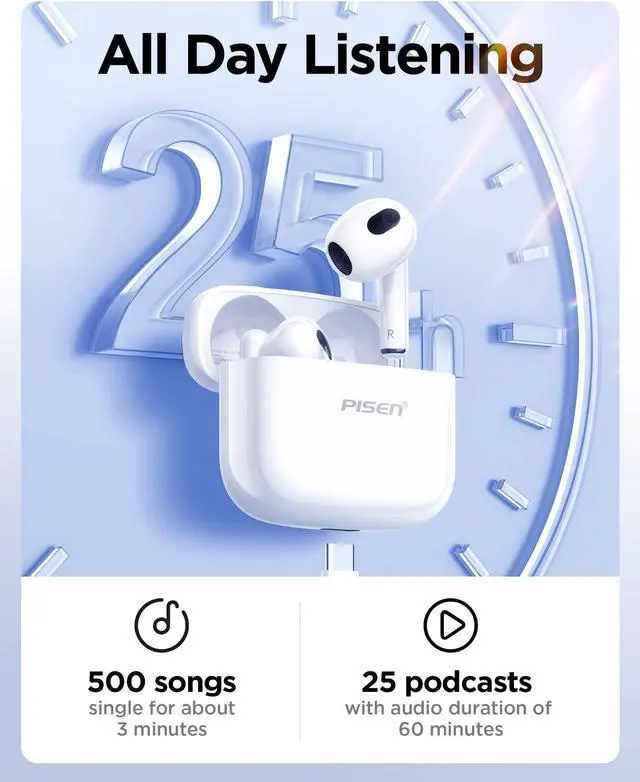Alt view image 4 of 5 - PISEN Wireless Earbuds in-Ear Headphones - P1 Bluetooth 5.3 Hi-Fi Stereo Ear Buds with Mic in-Ear Call, IPX5 Waterproof Bluetooth Sport Lightweight Earphones for Android iOS Phone TV Laptop, White