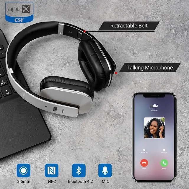 Alt view image 5 of 5 - August EP650 Bluetooth Wireless Over Ear Headphones with aptX LL Low Latency/Multipoint/NFC / 3.5mm Audio in/Headset Microphone - Silver