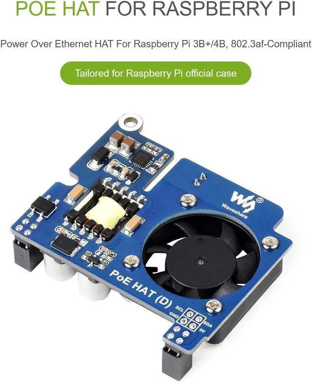 Alt view image 4 of 5 - Power over Ethernet (PoE) HAT for Raspberry Pi 4B/3B+, IEEE 802.3af-Compliant, 5V 2.5A DC Output, PoE HAT Onboard Cooling Fan, Compatible with Raspberry Pi Official 4B/3B+ Case
