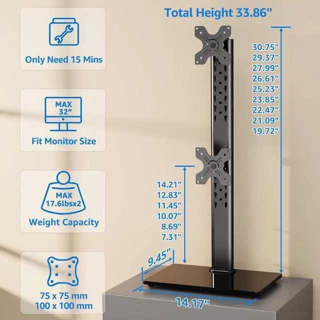 Alt view image 2 of 5 - MOUNTUP Vertical Dual Monitor Stand, Stack Two Screens up to 32 inches,17.6 Lbs, Free-Standing Monitor Desk Mount, Monitor Riser with Swivel, Tilt, Height Adjustable, VESA Stand 100 x 100mm, 75 x 75mm