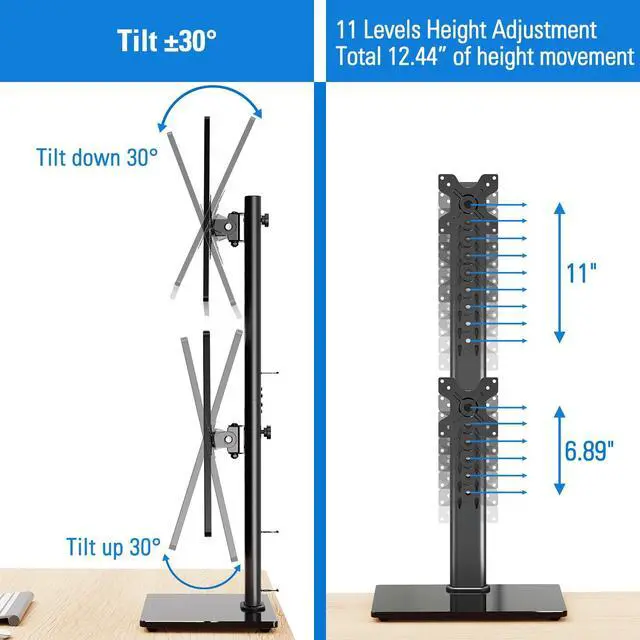 Alt view image 4 of 5 - MOUNTUP Vertical Dual Monitor Stand, Stack Two Screens up to 32 inches,17.6 Lbs, Free-Standing Monitor Desk Mount, Monitor Riser with Swivel, Tilt, Height Adjustable, VESA Stand 100 x 100mm, 75 x 75mm