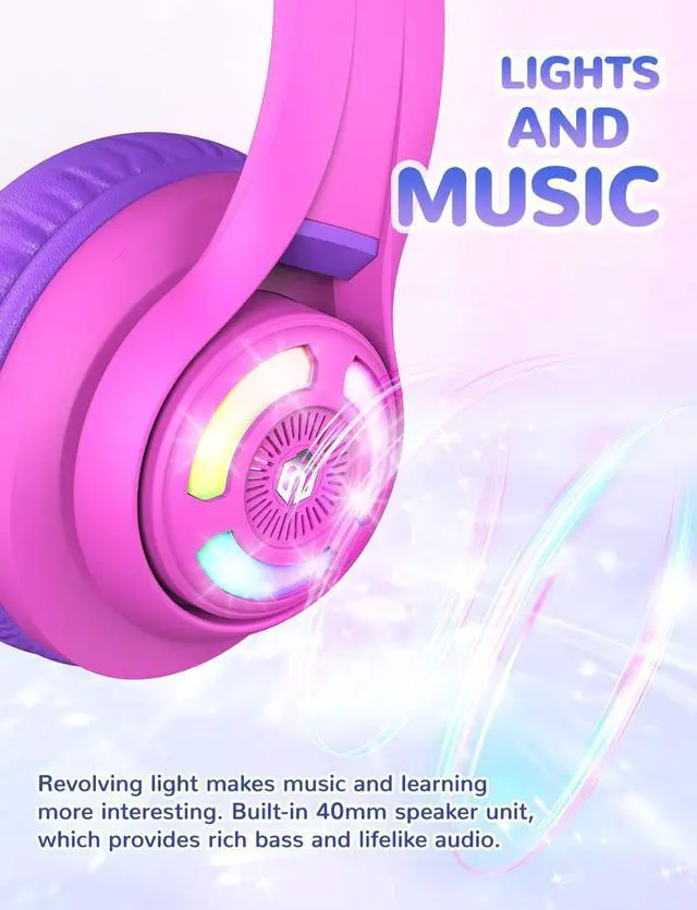 Alt view image 2 of 5 - iClever Cat Ear Kids Bluetooth Headphones, LED Lights Up, 74/85/94dB Volume Limited, 50H Playtime,Bluetooth 5.2, USB C,Kids Headphones Wireless Over Ear for Travel iPad Tablet, Meow Macaron-Hot Pink