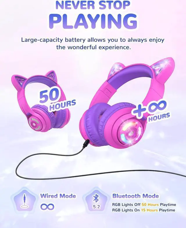 Alt view image 4 of 5 - iClever Cat Ear Kids Bluetooth Headphones, LED Lights Up, 74/85/94dB Volume Limited, 50H Playtime,Bluetooth 5.2, USB C,Kids Headphones Wireless Over Ear for Travel iPad Tablet, Meow Macaron-Hot Pink