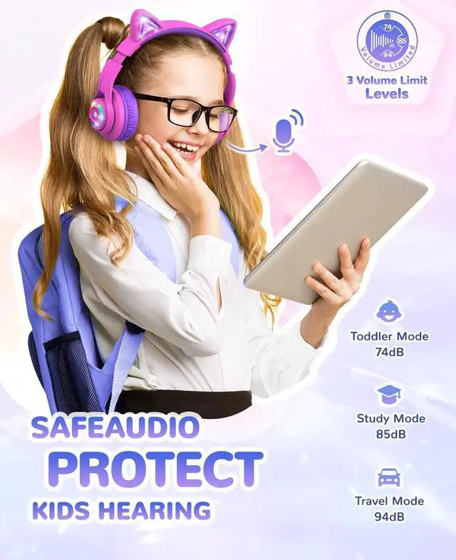 Alt view image 3 of 5 - iClever Cat Ear Kids Bluetooth Headphones, LED Lights Up, 74/85/94dB Volume Limited, 50H Playtime,Bluetooth 5.2, USB C,Kids Headphones Wireless Over Ear for Travel iPad Tablet, Meow Macaron-Hot Pink