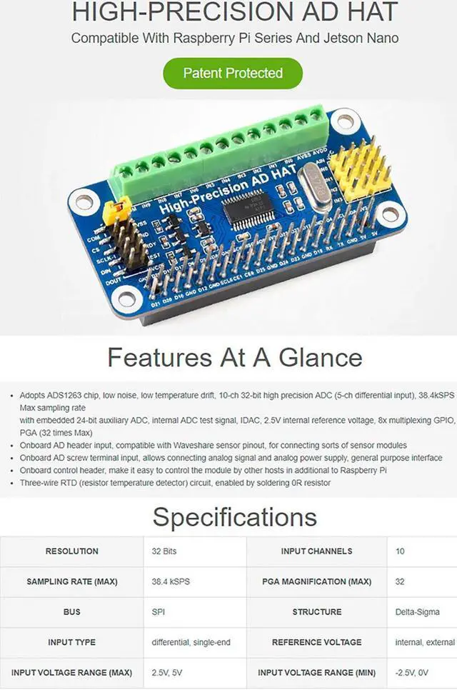 Alt view image 3 of 5 - High-Precision AD HAT ADS1263 10-Channel 32-Bit ADC SPI Bus Low Noise Low Temperature Drift,for Raspberry Pi 4B/3B+/3B/2B/Zero/Zero W/Zero WH/2W and Jetson Nano