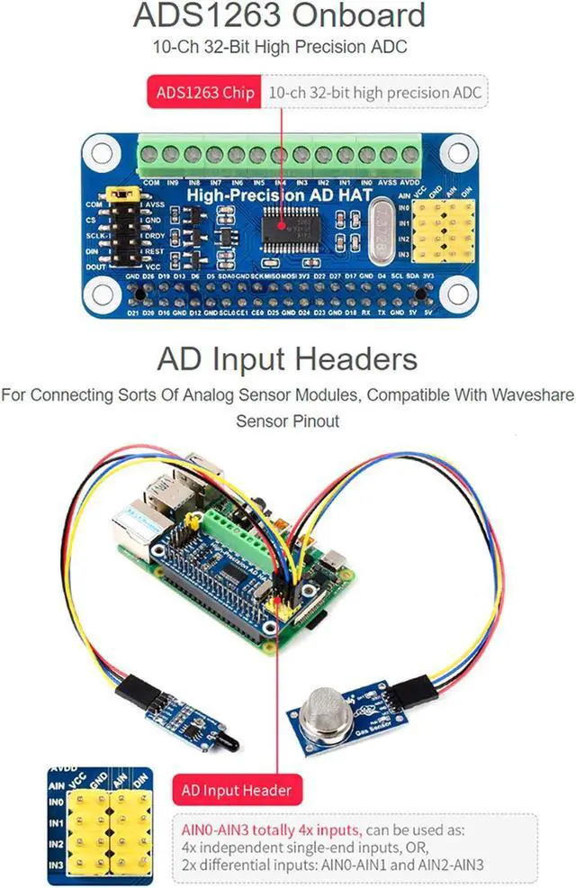 Alt view image 5 of 5 - High-Precision AD HAT ADS1263 10-Channel 32-Bit ADC SPI Bus Low Noise Low Temperature Drift,for Raspberry Pi 4B/3B+/3B/2B/Zero/Zero W/Zero WH/2W and Jetson Nano