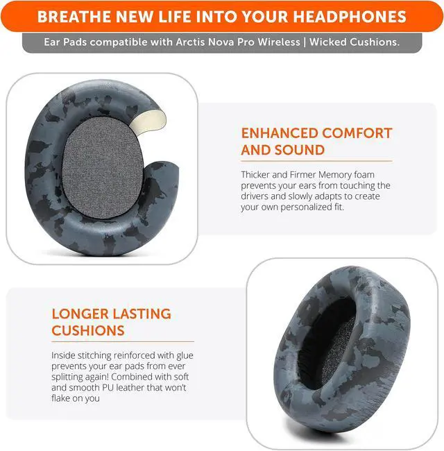 Alt view image 4 of 5 - WC Upgraded Replacement Earpads for Steelseries Arctis Nova Pro Wireless Made by Wicked Cushions | Improved Durability, Thickness, Softer Leather, and Sound Isolation | Black Camo