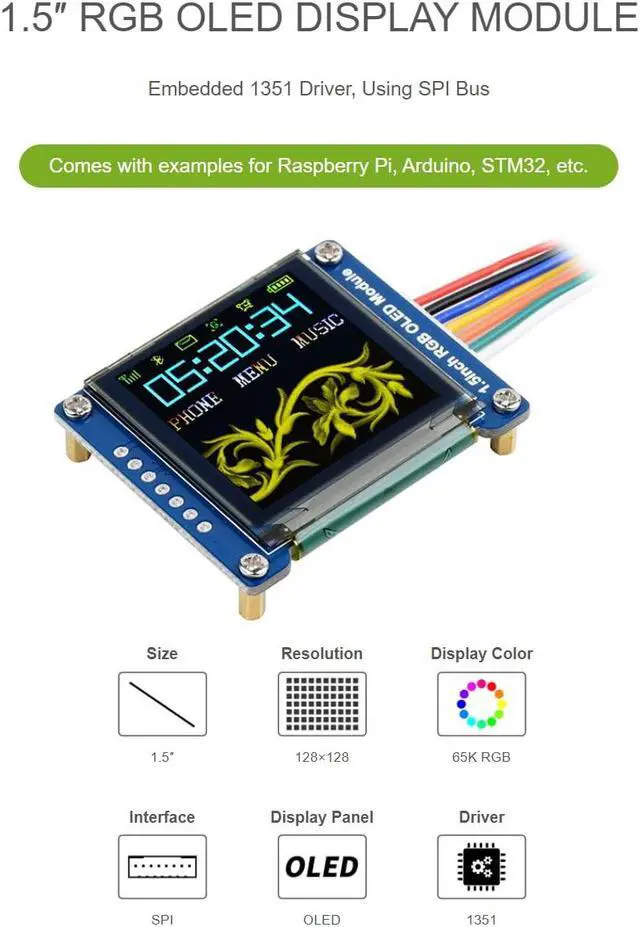 Alt view image 4 of 5 - waveshare 1.5inch RGB OLED Display Module, 128x128 Pixels Displaying 65K Colors, Support Raspberry Pi Arduino STM32, SPI Interface