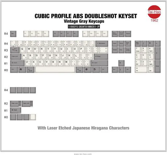 Alt view image 5 of 5 - TAI-HAO Cubic Profile US Layout+Japanese Characters are Laser Engraved /115 Vintage Gray ANSI Layout Compatible with All MX Types Keyboards(61/87/104/108+1.75U Shift Key) Double Shot Keycap Set