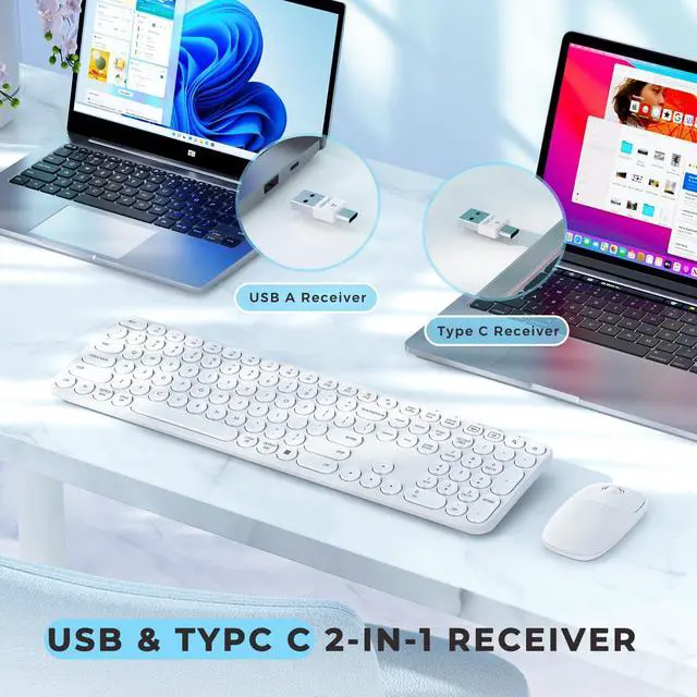 Alt view image 2 of 5 - seenda Wireless Keyboard and Mouse, USB & Type C Keyboard Mouse Combo, Full Size White Wireless Keyboard Compatible for Win 7/8/10, MacBook Pro/Air, Laptop, PC - White