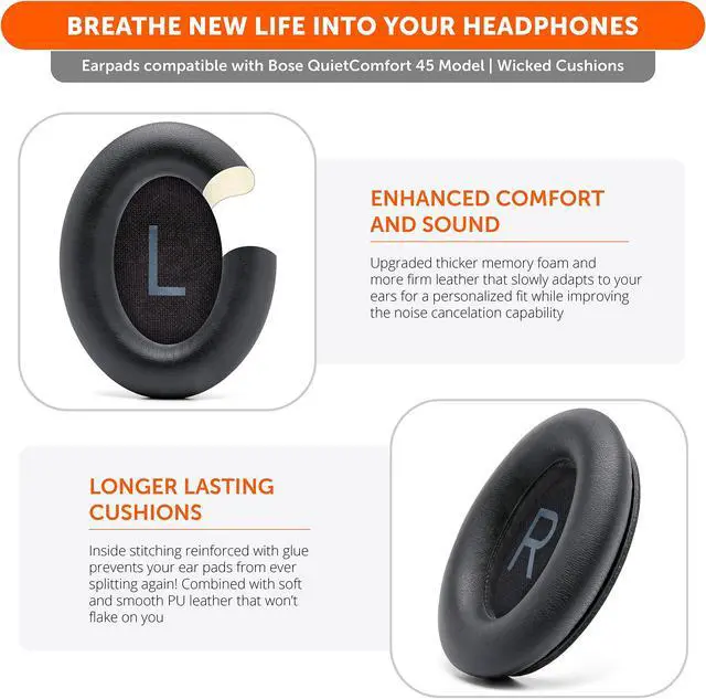 Alt view image 4 of 5 - WC Wicked Cushions Extra Thick Replacement Ear Cushions for Bose QC45 (QuietComfort 45) Headphones | (Black)