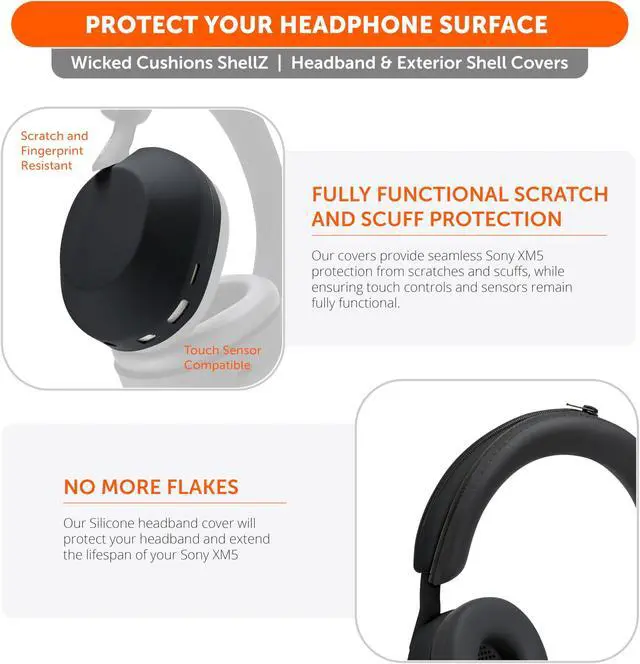 Alt view image 4 of 5 - WC SweatZ and ShellZ Protective Covers Bundle for Sony WH1000XM5 Headphones by Wicked Cushions | Black
