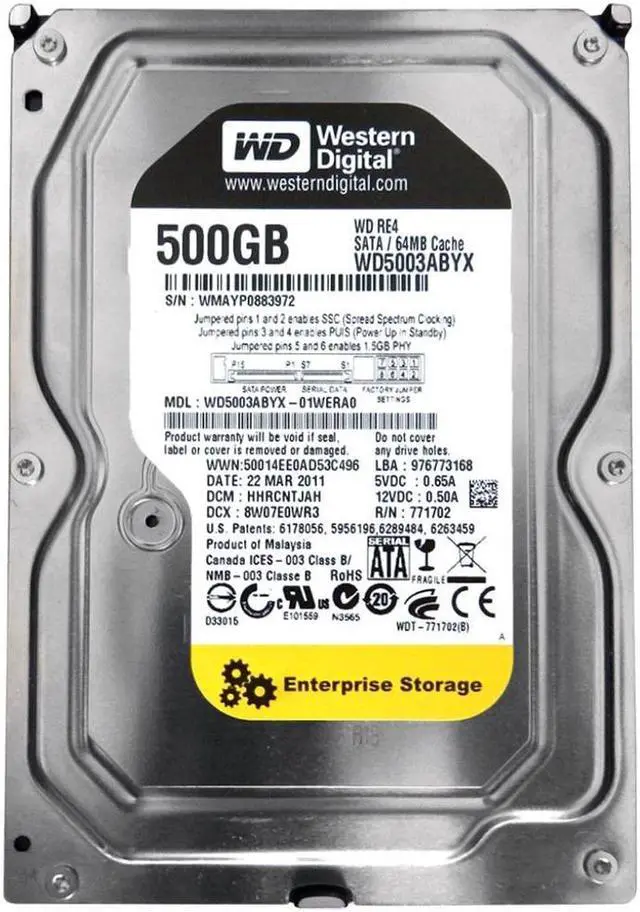 Main image of WESTERN DIGITAL WD5003ABYX Clean Pull Western Digital Caviar RE4 WD5003ABYX 500GB 7.2K Ente
