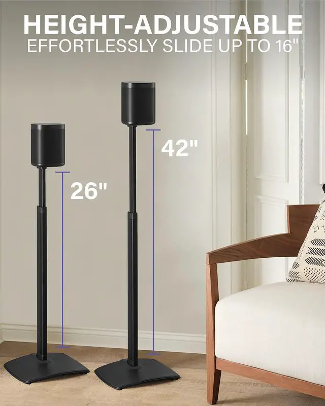Alt view image 2 of 5 - SANUS Adjustable Height Wireless Speaker Stands Designed for Sonos One, One SL, and Play:1 - Tool-Free Adjustment up to 16" and Built-in Cable Management (Black)