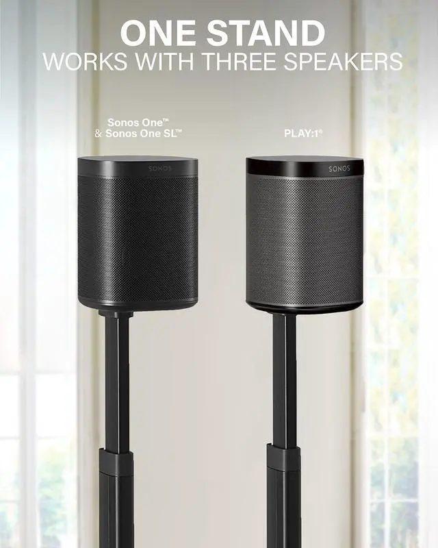 Alt view image 3 of 5 - SANUS Adjustable Height Wireless Speaker Stands Designed for Sonos One, One SL, and Play:1 - Tool-Free Adjustment up to 16" and Built-in Cable Management (Black)