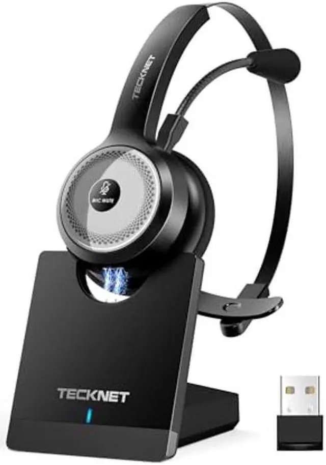 Main image of TECKNET Bluetooth 5.0 Headset with Microphone for PC, USB Wireless Headset with Mic for Work, 40Hrs Worktime AI Noise Cancelling On Ear Bluetooth Headphones with Charging Base for Laptop/Call Center