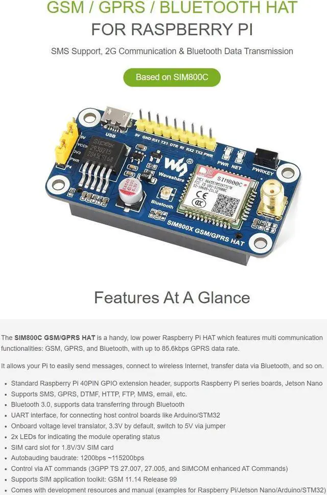 Alt view image 3 of 5 - Waveshare GSM/GPRS HAT for Raspberry Pi 2B/3B/3B+/Zero/Zero W/Jetson Nano Based on SIM800C Support SMS Data Transfer ect