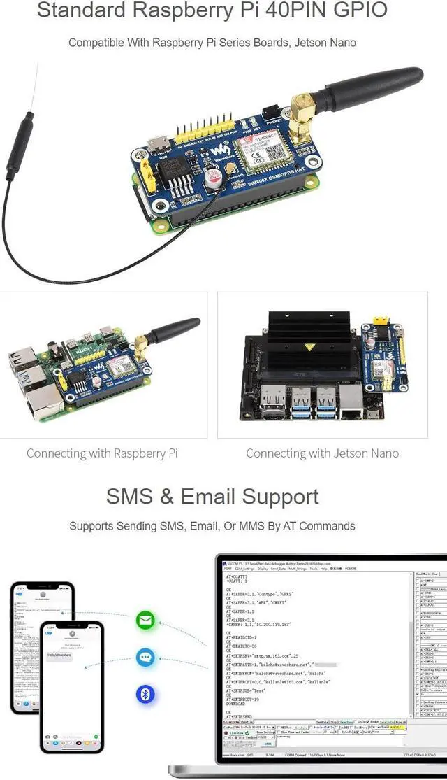 Alt view image 5 of 5 - Waveshare GSM/GPRS HAT for Raspberry Pi 2B/3B/3B+/Zero/Zero W/Jetson Nano Based on SIM800C Support SMS Data Transfer ect