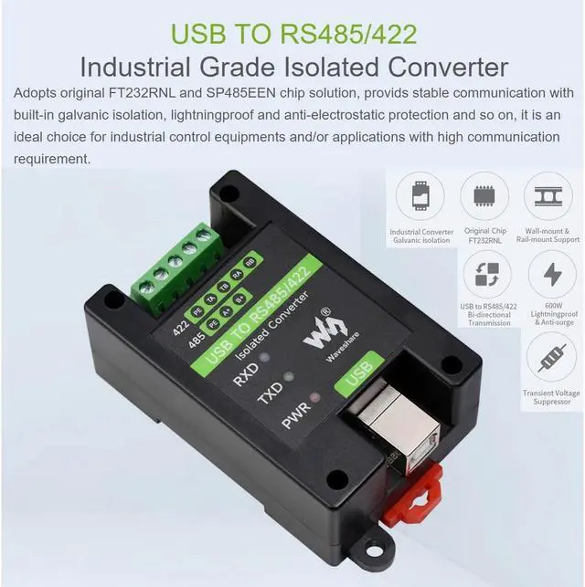 Alt view image 2 of 5 - USB to RS485/422 Converter Onboard FT232RL and SP485EEN Chip, Galvanic Isolated Converter with Multiple Protection, Support Win11/10/8.1/8/7/XP, Mac, Linux, Android, WinCE, etc