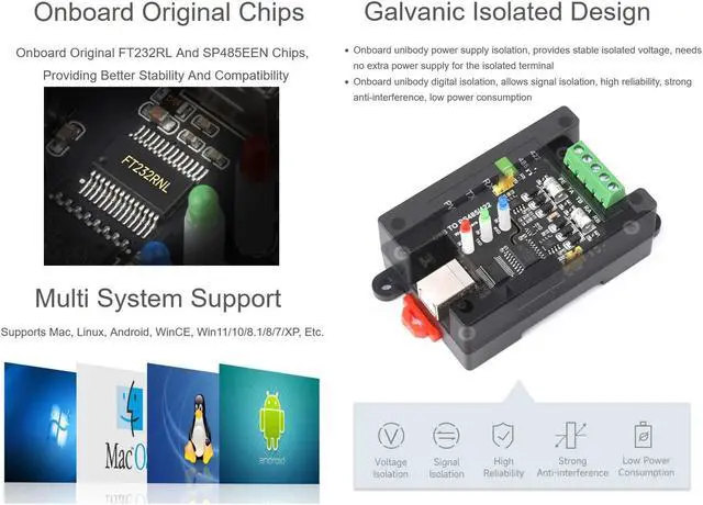 Alt view image 3 of 5 - USB to RS485/422 Converter Onboard FT232RL and SP485EEN Chip, Galvanic Isolated Converter with Multiple Protection, Support Win11/10/8.1/8/7/XP, Mac, Linux, Android, WinCE, etc