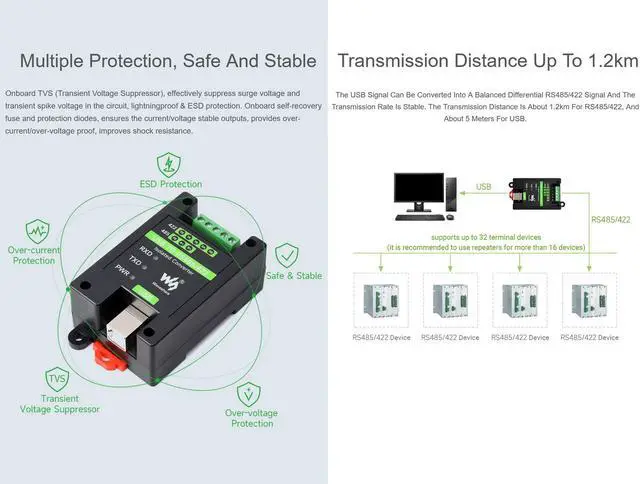 Alt view image 4 of 5 - USB to RS485/422 Converter Onboard FT232RL and SP485EEN Chip, Galvanic Isolated Converter with Multiple Protection, Support Win11/10/8.1/8/7/XP, Mac, Linux, Android, WinCE, etc
