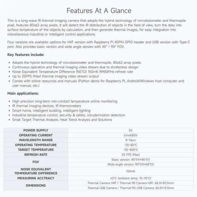Alt view image 4 of 5 - waveshare Long-Wave IR Thermal Imaging Camera Module, 80×62 Pixels, 90°FOV, with Type-C Port Connector, Wide Angle Version