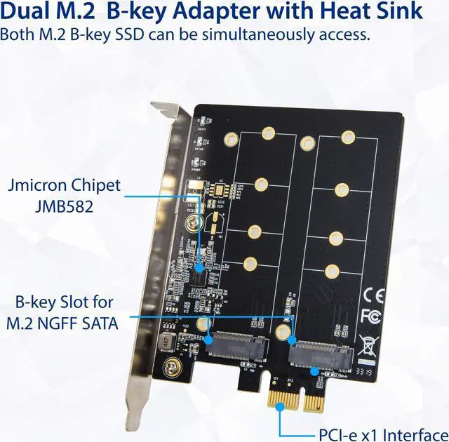 Alt view image 2 of 5 - IO CREST Dual M.2 B-Key SATA SSD Converter PCI Express 3.0 x1 Expansion Card Heat Sink Jmicron JMB582 Chipset SI-PEX40153