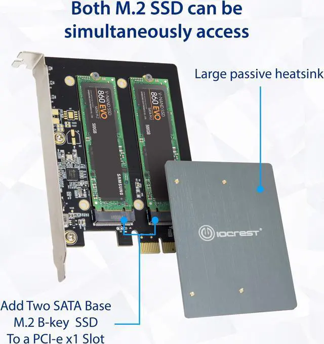 Alt view image 4 of 5 - IO CREST Dual M.2 B-Key SATA SSD Converter PCI Express 3.0 x1 Expansion Card Heat Sink Jmicron JMB582 Chipset SI-PEX40153