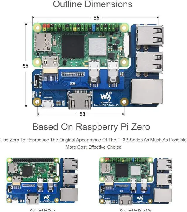 Alt view image 5 of 5 - waveshare Pi Zero to Raspberry Pi 3B/B+ Adapter,Based on Raspberry Pi Zero to Reproduce The Original Appearance of The 3B Series,Alternative Solution for Raspberry Pi 3 Model B/B+