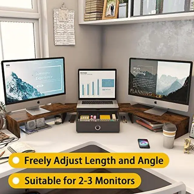 Alt view image 2 of 5 - WESTREE Triple Dual Monitor Stand Riser with Drawer,Extra Large Adjustable for 2~3 Monitors,Solt for Phone & Tablet, Desktop Organizer Stand for Computer,Laptop,Printer,TV