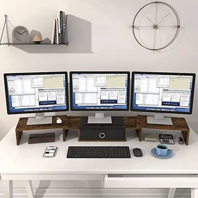 Alt view image 5 of 5 - WESTREE Triple Dual Monitor Stand Riser with Drawer,Extra Large Adjustable for 2~3 Monitors,Solt for Phone & Tablet, Desktop Organizer Stand for Computer,Laptop,Printer,TV