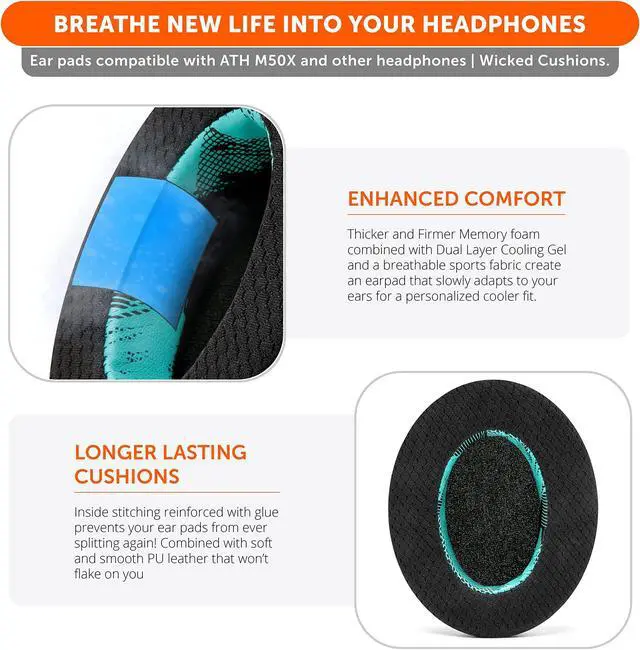 Alt view image 3 of 5 - WC Freeze Hybrid Fabric Cooling Gel Replacement Earpads - Compatible with HyperX Cloud, Steelseries Arctis, ATH M50X, Turtle Beach Stealth & More - Comfortable & Cooler for Longer | (Speedracer Cyan)