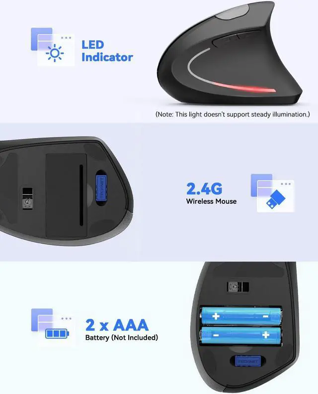 Alt view image 5 of 5 - TECKNET Ergonomic Mouse, 4800 DPI Silent Mouse 5 Adjustable DPI, Wireless Mouse 2.4G Vertical Mouse 6 Buttons Computer Mouse Wide Compatibility (Black)