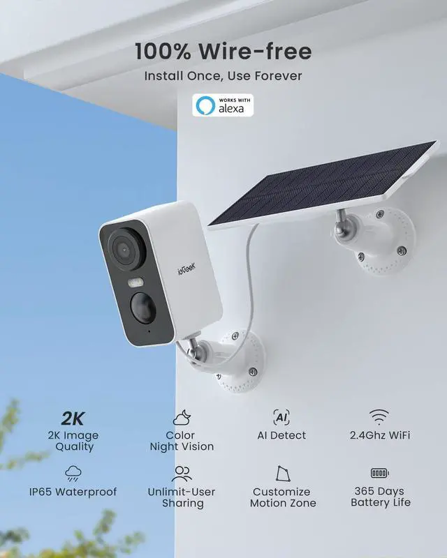 Alt view image 2 of 5 - ieGeek Solar Security Cameras Wireless Outdoor with Solar Panel, 2K WiFi Wireless Camera for Home Security with Color Night Vision, Motion Detection, 2-Way Talk for Home Surveillance, Works with Alexa