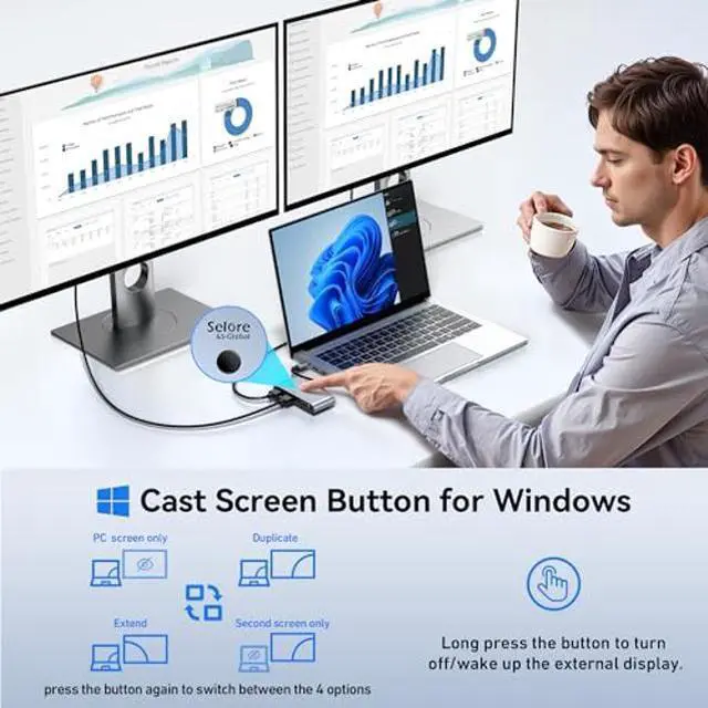 Alt view image 5 of 5 - Selore USB C Docking Station 3 Monitors, USB C to Dual HDMI VGA Adapter with One-Touch Multi-Screen Switch and Screen On/Off Button, HDMI Splitter Converter for Dell, HP, Lenovo,MacBook Pro/Air, etc