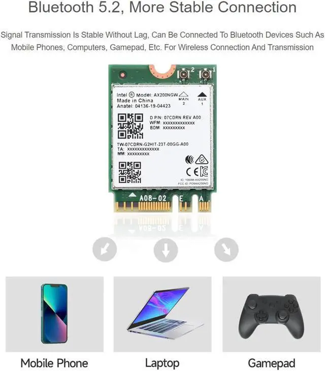 Alt view image 4 of 5 - Wireless AX200 NIC, Gigabit Dual-Band Wi-Fi 6, 802.11AX Standard, Bluetooth 5.2, AX200NGW Wifi Card, NGFF (M.2 A/E Key) Interface, MU-MIMO, Support Linux, Windows 10/8.1/8/7, etc.