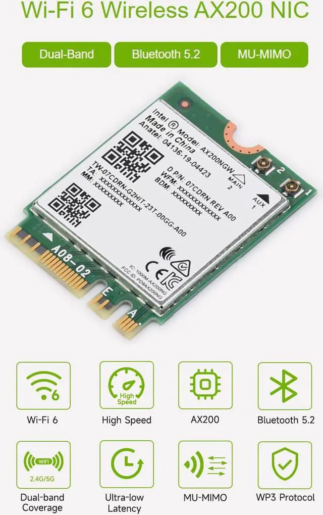 Alt view image 2 of 5 - Wireless AX200 NIC, Gigabit Dual-Band Wi-Fi 6, 802.11AX Standard, Bluetooth 5.2, AX200NGW Wifi Card, NGFF (M.2 A/E Key) Interface, MU-MIMO, Support Linux, Windows 10/8.1/8/7, etc.