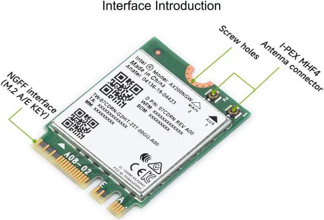 Alt view image 5 of 5 - Wireless AX200 NIC, Gigabit Dual-Band Wi-Fi 6, 802.11AX Standard, Bluetooth 5.2, AX200NGW Wifi Card, NGFF (M.2 A/E Key) Interface, MU-MIMO, Support Linux, Windows 10/8.1/8/7, etc.